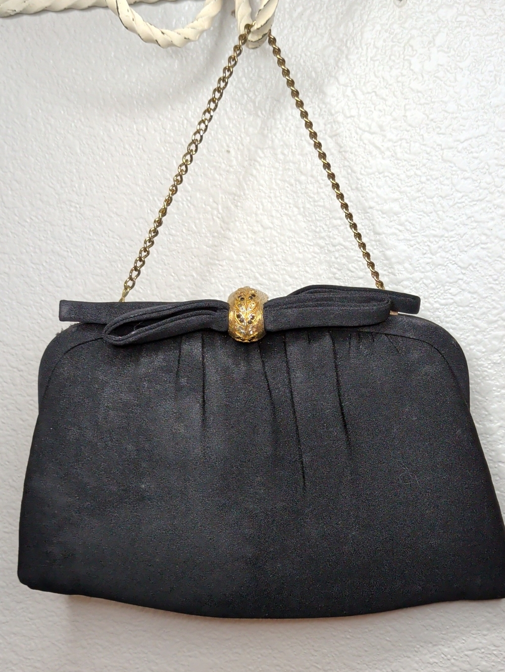 Vintage 50s After Five Black Cocktail Bag Gold Bow Closure Trim Mid Century